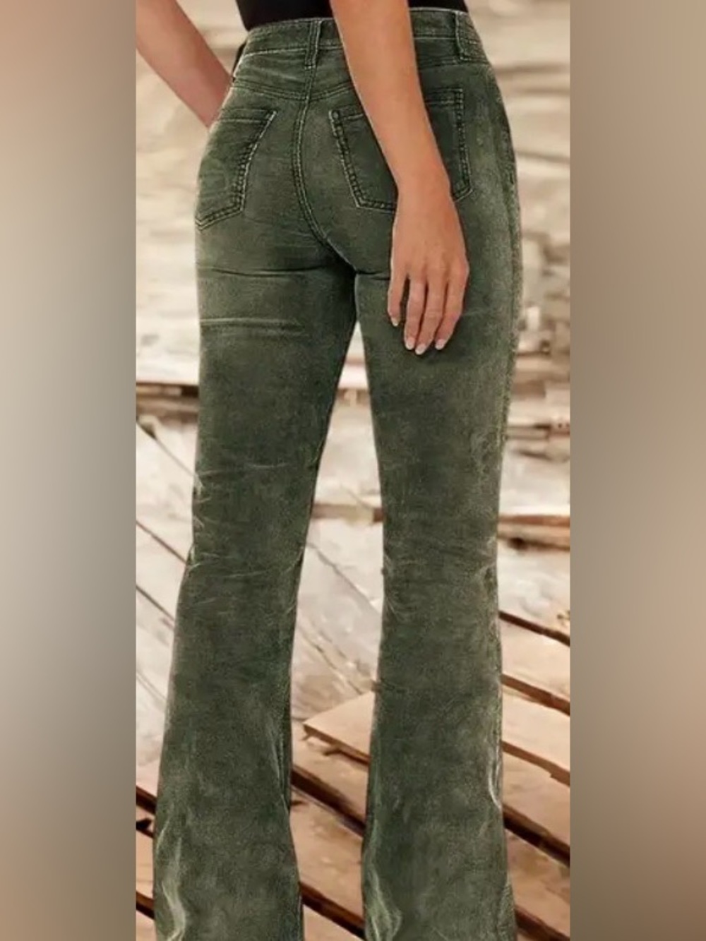 Flamingals Stitch Detail Mid Waist Bootcut Jeans in Green